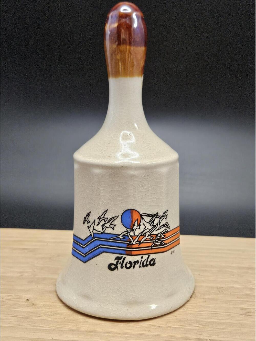 Retro Florida Souvenir Bell 1980s Ceramic Hz Seagulls Sunset Graphic 5.5"